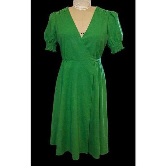 Alex Marie Womens 6 Kelly Green Midi Wrap Dress Short Puff Sleeves Linen Blend - Picture 7 of 10